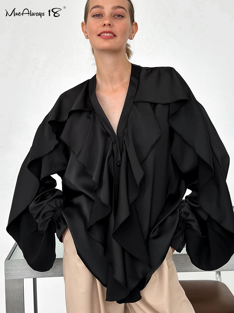 Mnealways18 Black Laminated Flounces Oversize Shirts Women Flare Sleeve Ruffled Blouses And Tops Office Ladies Autumn 2024 White