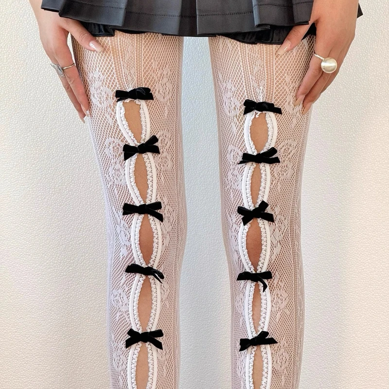 Original Design Red Sexy Hot Girl Bow Lace Hollow Out Women's Fishnet Stockings Japanese New Cute Girl Color-Block Tights Ladies