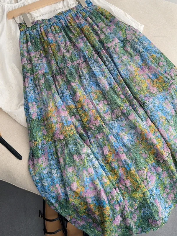 

Sweet Floral Print A-Line Skirt Thin Summer Long Half-length Women's plus Size Clothing High Waist Commute Style Polyester Fiber