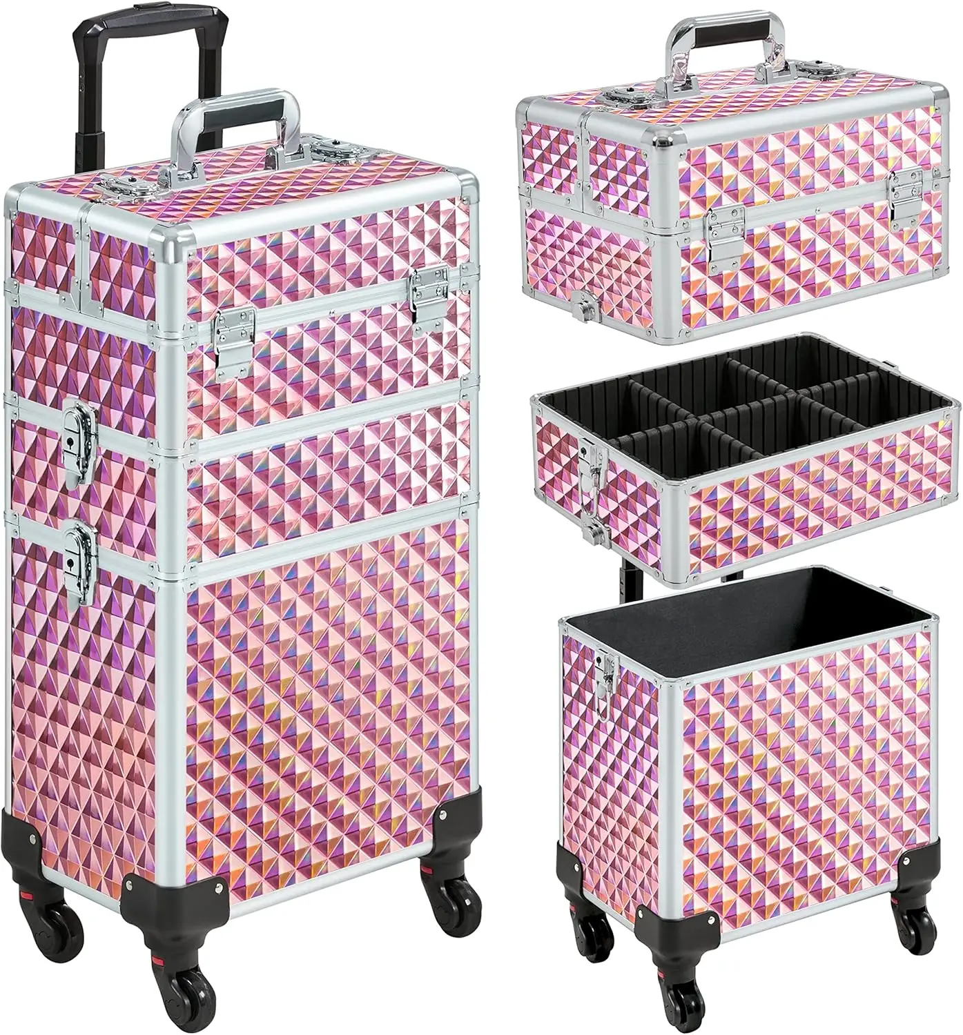 

3-in-1 Rolling Makeup Train Case with Wheels, Large Capacity Cosmetic Organizer for Professionals, Pink