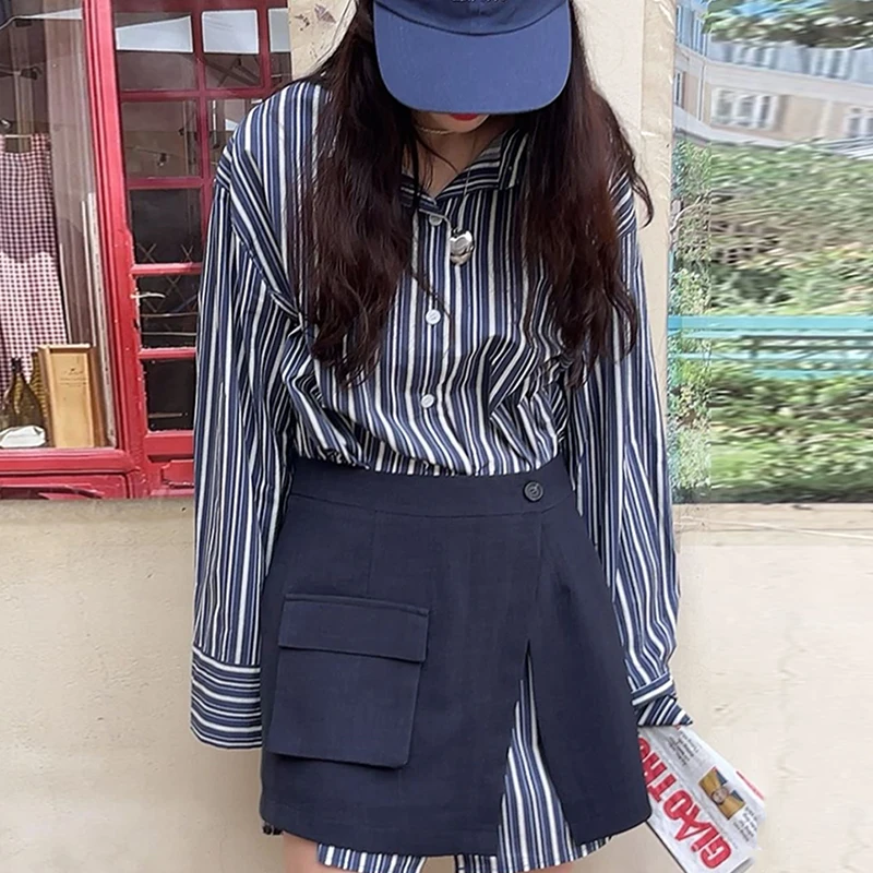 ZHISILAO New 2 Pics Women Stripe Long Sleeve Shirt Tracksuit and A-line Skirt Autumn Summer 2023