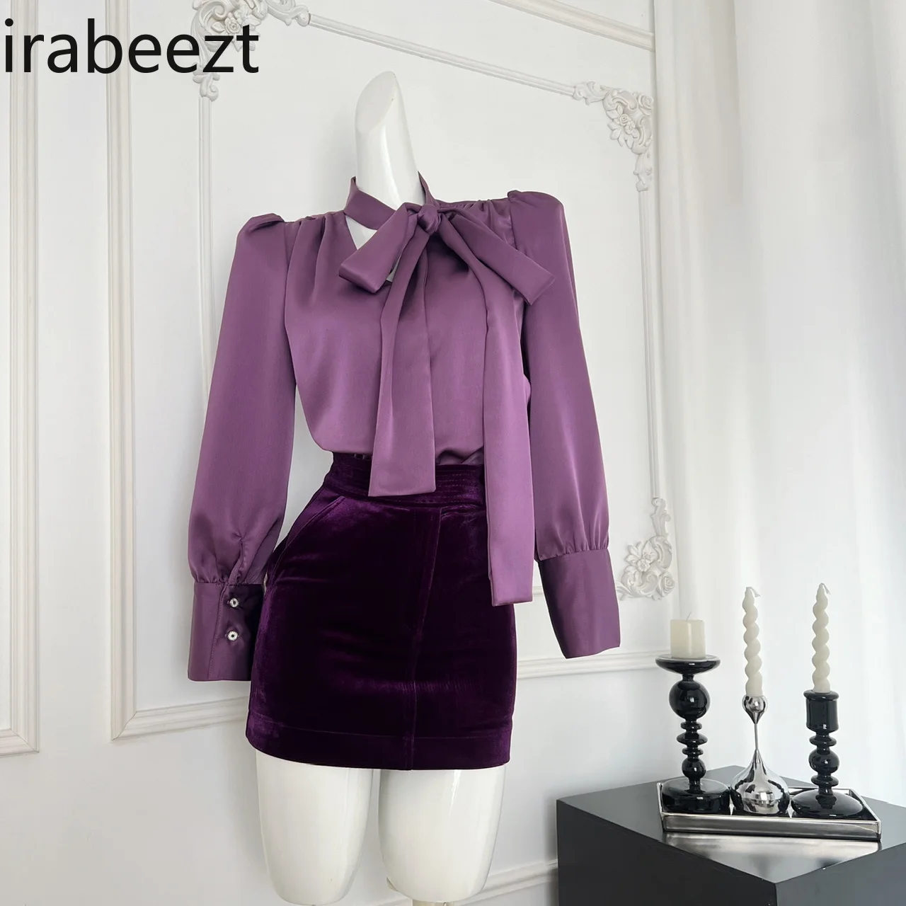 Taro V-neck Ribbon Satin Shirt + Dark Night Purple Velvet Skirt Women Two Pieces Set Regular Fit Costume Deux Pieces Femme