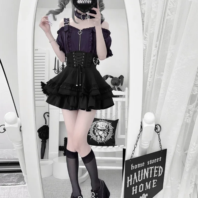 New Japanese Subculture Original Rojita Style SC Y2k Top Zipper Short-sleeves Shirt New Small Mini Cake Skirts Women's Clothing