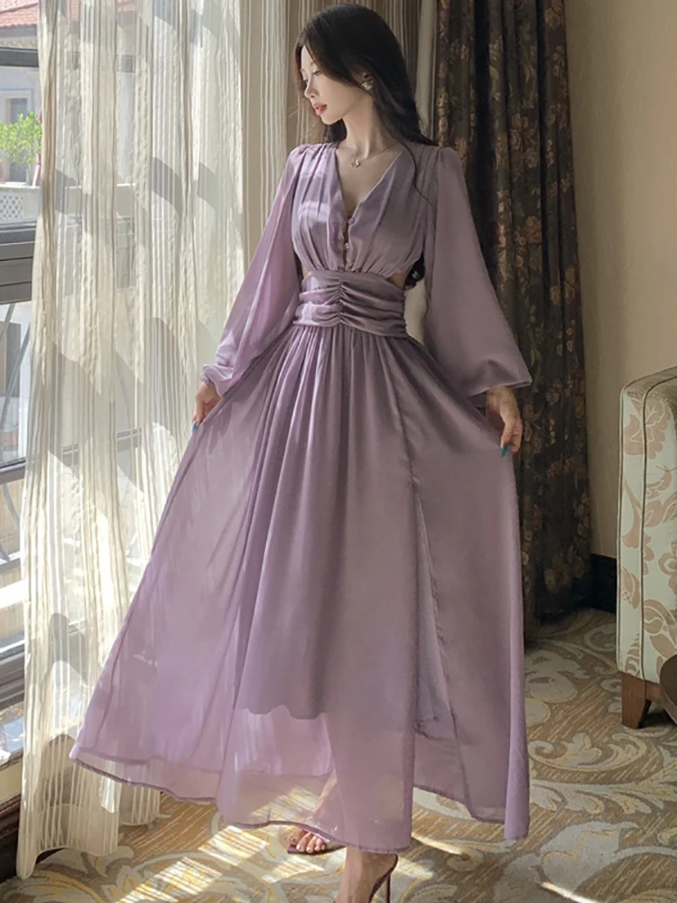 秋の紫シフォンホローアウトVネックセクシーバックレスドレス女性エレガントラグジュアリーダンスパーティードレス2025韓国ボディコンベスティドス