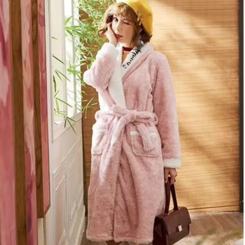 

Robe Women Solid Color Winter Warm Thickening Lace-up Bathrobe Soft Long Turn Down Collar Nightwear Couple Pocket Comfortable