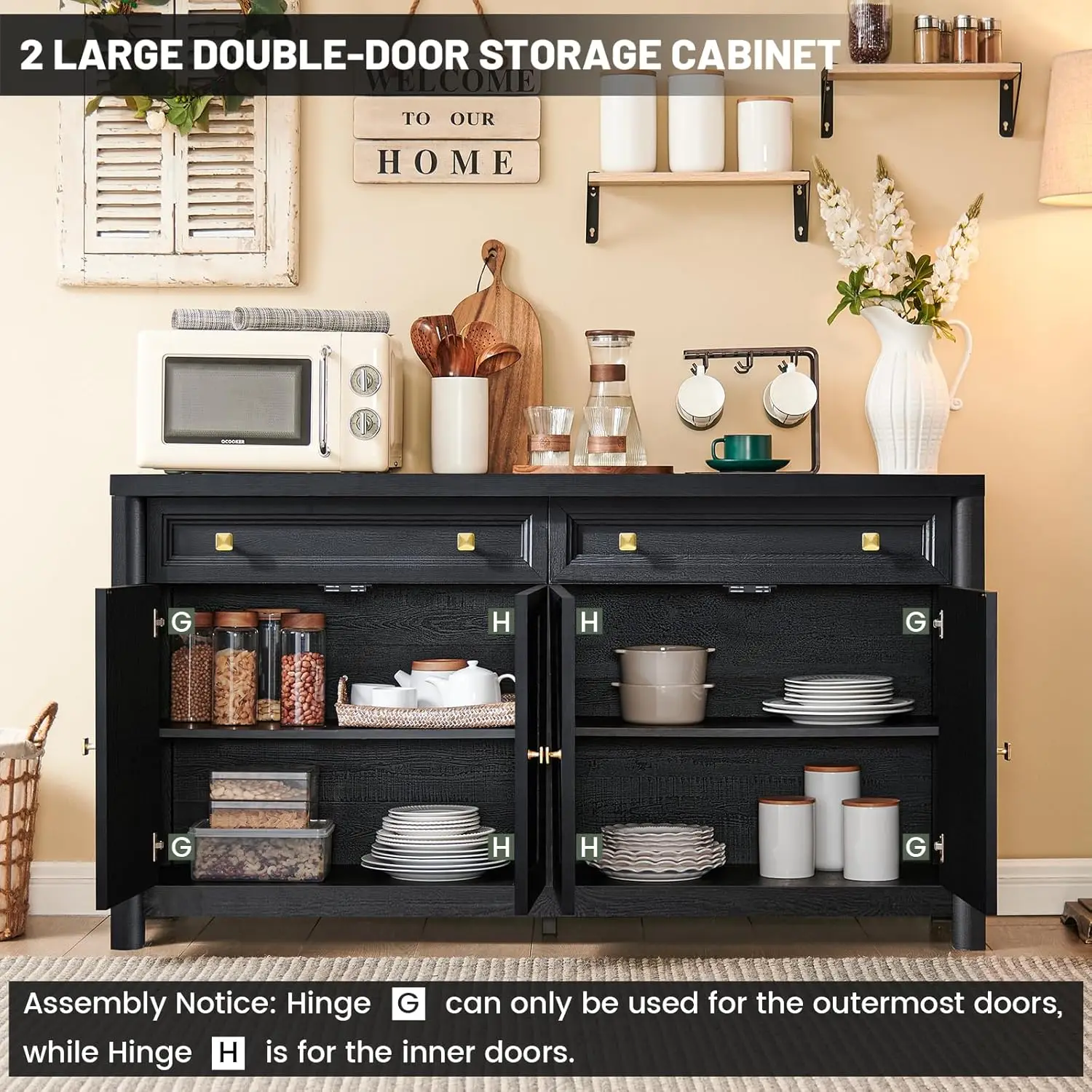 Шкаф-буфет в фермерском доме, черный сервант 59 футов с 4 дверцами и полками, деревянное хранилище для кухни или гостиной в деревенском стиле