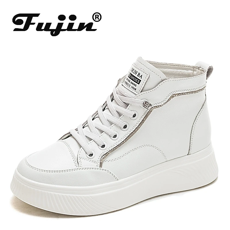 Fujin 5.5cm Genuine Leather Women Ankle Boots Platform Shoes High Top Sneakers White Spring Autumn Warm Fur Women Winter Shoes