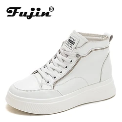 Fujin 5.5cm Genuine Leather Women Ankle Boots Platform Shoes High Top Sneakers White Spring Autumn Warm Fur Women Winter Shoes