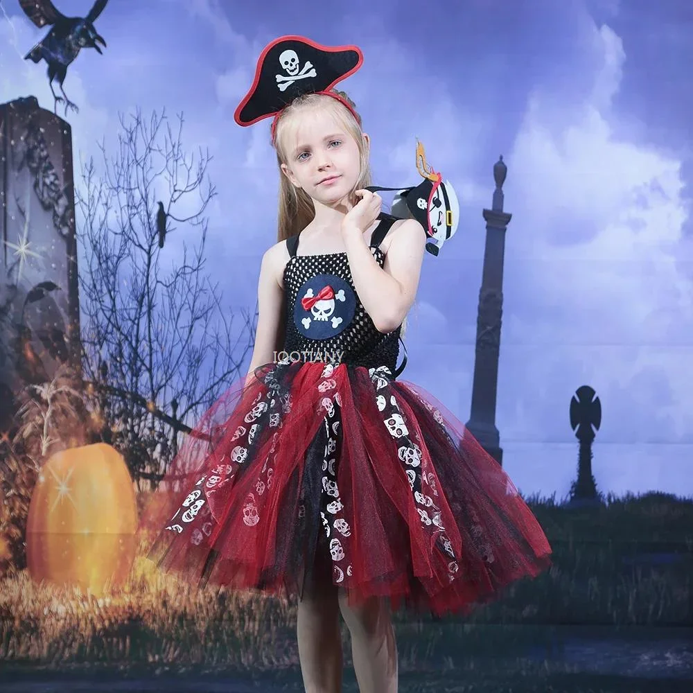 فستان توتو القراصنة التأثيري للفتيات مجموعة تنكر القراصنة للهالوين إرسال غطاء الرأس فتاة فستان بتصميم حالم الجماجم أداء الزي