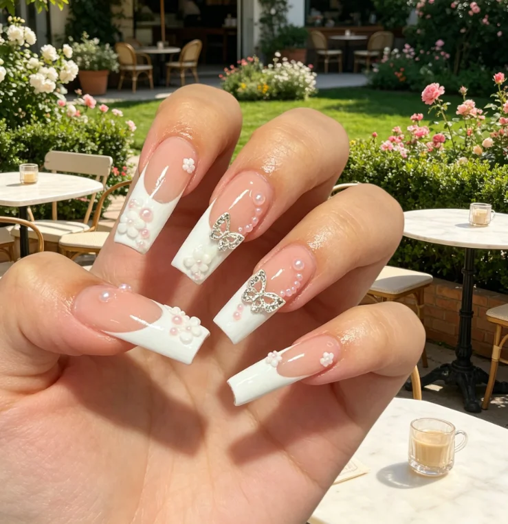 White French Tip Long Coffin Press On Nails 3D Rhinestone Butterfly Pearl Flower Decor Nude Glossy Fake Nails Wedding Bridal Manicure