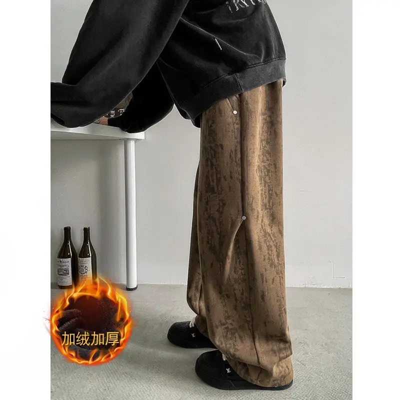 

Wrinkled tie-dyed pants for men in autumn and winter plus velvet thickened fashion brand loose rivet heavy wide-leg sweatpants