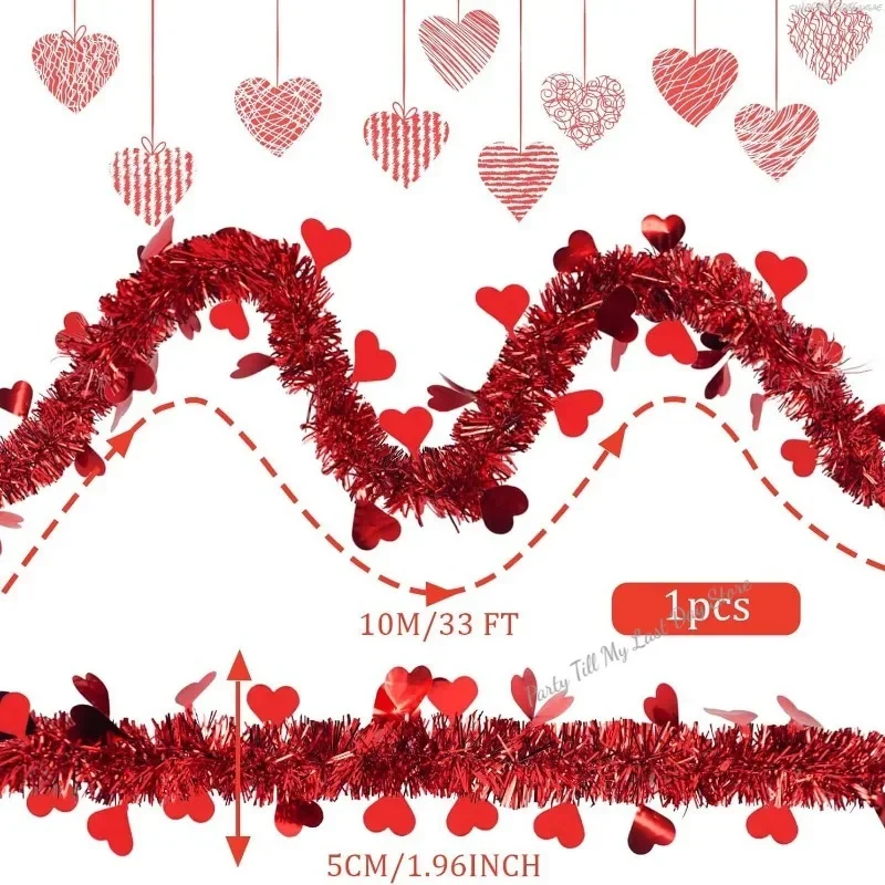 33Ft Valentines Heart Tinsel Garland Decorations Valentines Day Red Pink Metallic Garland for Wedding Birthday Hanging Decor