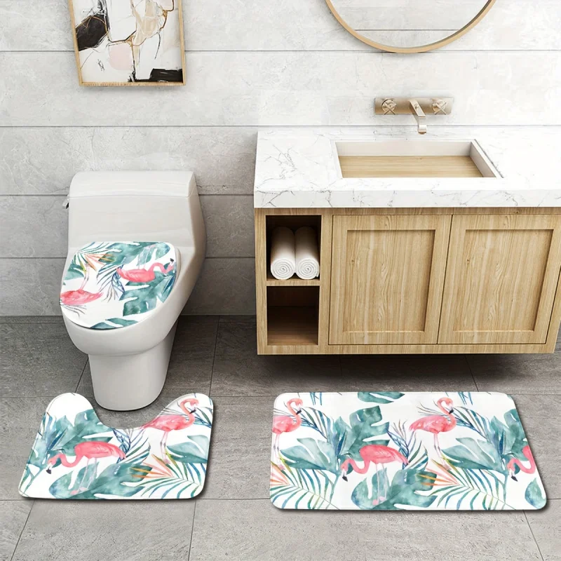 3Pcs/Set Flamingo Tropical Leaves Print Rugs And , Anti-slip Bathroom , Soft Machine Washable Bath Mats For Bat