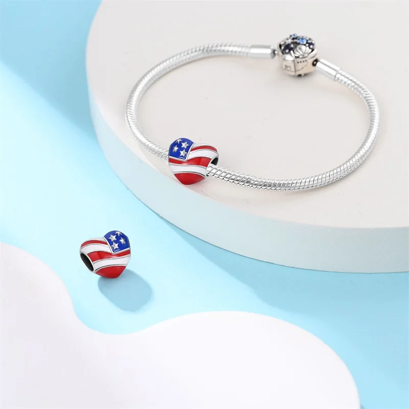925 Sterling Silver American Style Heart-Shaped Flag Charms Bead Fit Original Bracelet DIY Women Exquisite party Jewelry Gifts