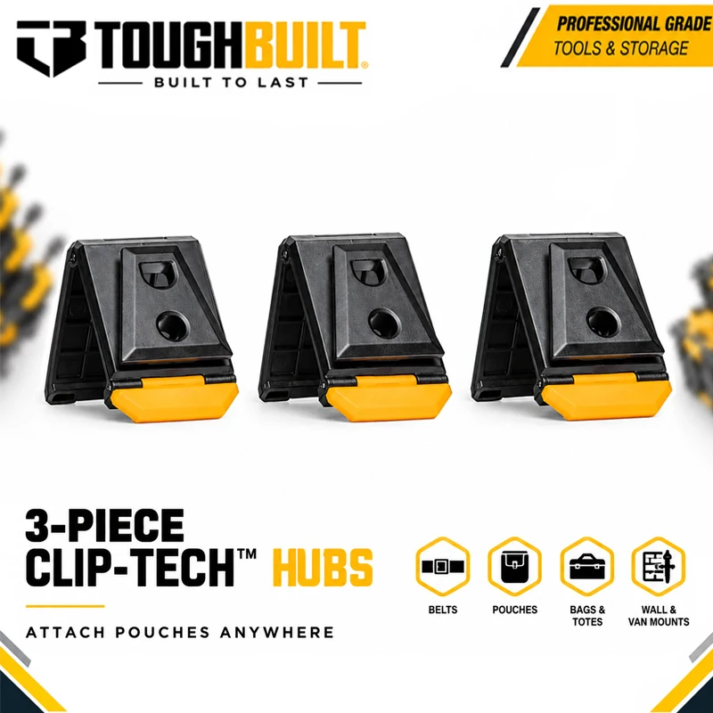 TOUGHBUILT TB-CT-150 3Pcs Quick Release ClipTech Hubs, Heavy-Duty Tool Pouch Clips for Belt & Wall Mount Storage