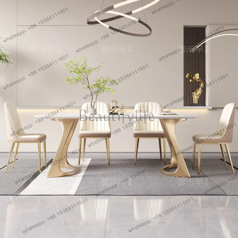Minimalist rectangular imported bright rock slab dining table and chairs modern simple light luxury small apartment dining table