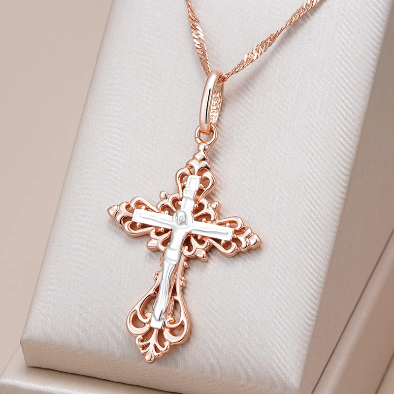 Kinel New Orthodox Church Cross Pendant Necklace for Women Men 585 Rose Gold Silver Color Mix Charm Daily Fine Ethnic Jewelry