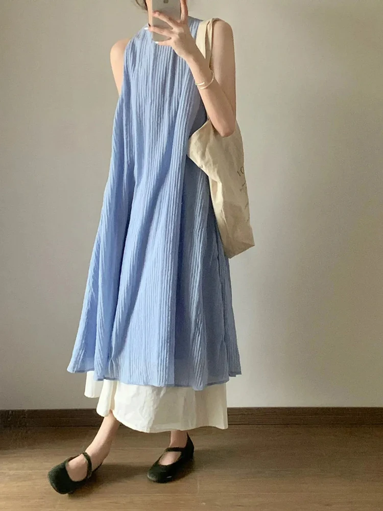 ゾキ レディース ビーチ スイート ロングスカート カジュアル ルーズ Oネック エレガント パッチワーク ドレス ヴィンテージ 韓国風 サマーデザイン レディース レトロ ブルー ドレス