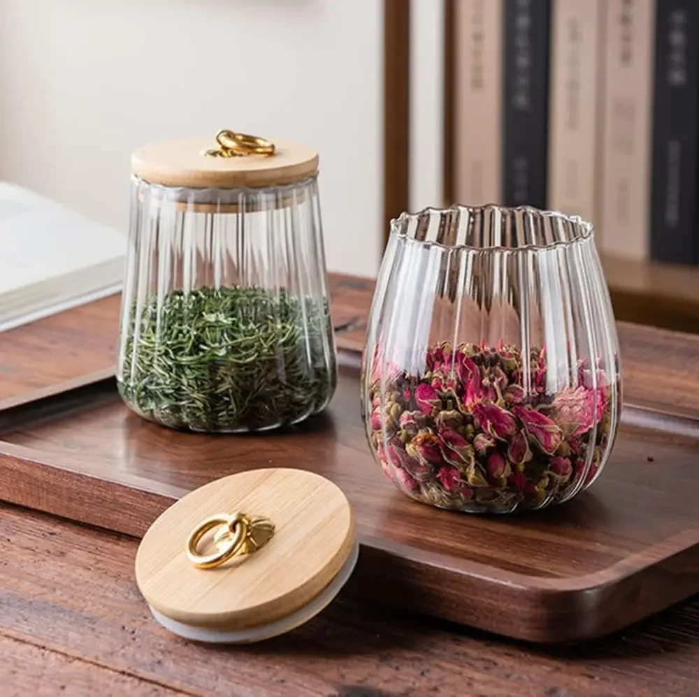 Kitchen Storage Bottles Airtight Canister Grains Tea Coffee Beans Grains Candy Jars Wood Lid Containers Flower Petal Glass Jar