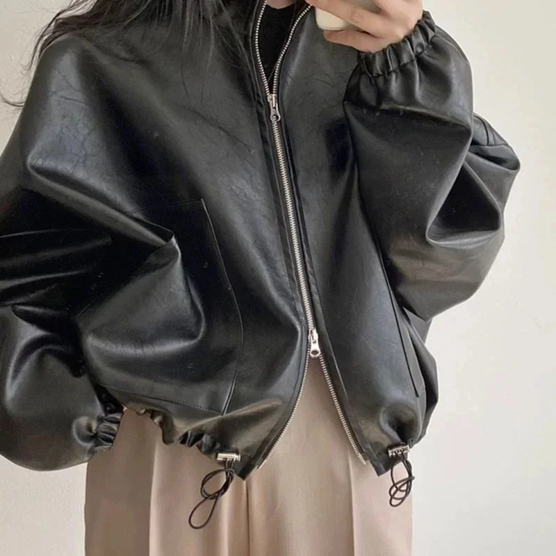 Y2K Women\'s Leather Jacket Loose Stand Collar Long Sleeve Solid Coat Fashion Street Style Pockers Zipper Drawstring Lady Outwear