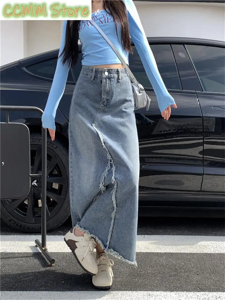 Women Irregular Burrs Design A-line Denim Skirt Cool Girl Vintage Fashion Summer Female Straight Loose Ankle-length Skirts