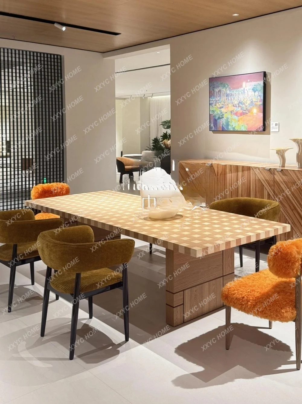 Medieval wabi wind chess and card plaid rectangular tea table solid wood dining table home creative retro restaurant dining tabl