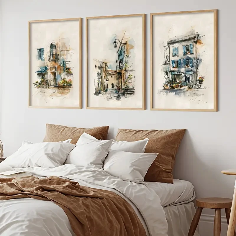 3PCS frameless decorative art print,3pcs/Set Retro Street Scenes, Watercolor Sketch Canvas Prints, Hand-painted Style Decorative