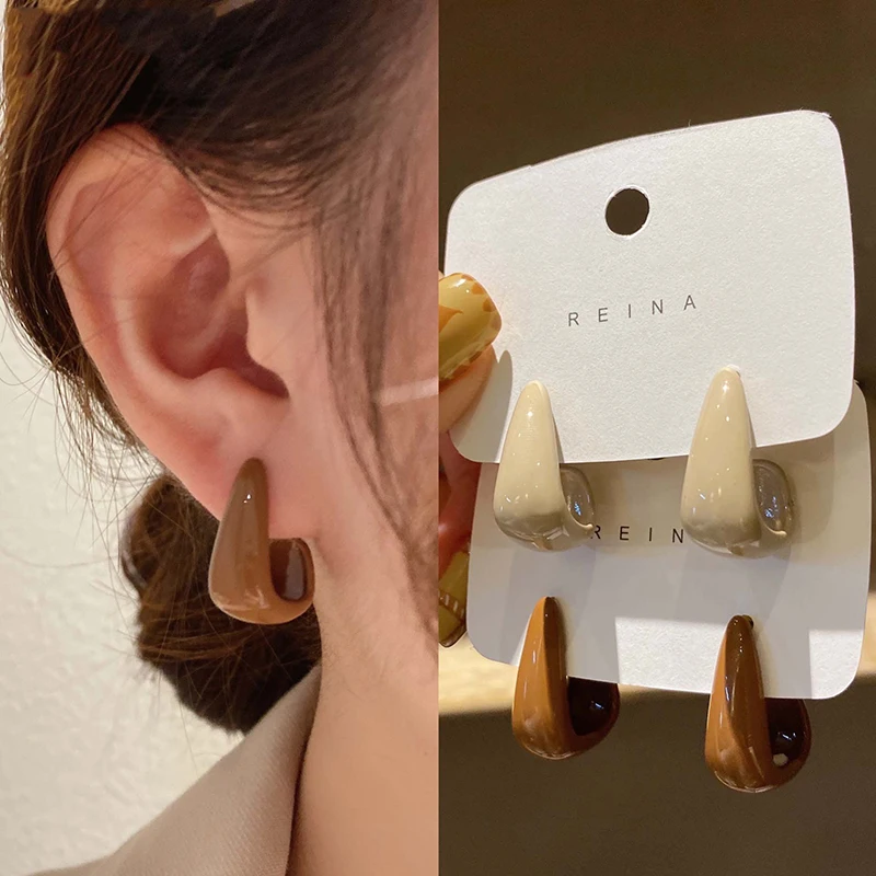 New New Letter L U-Shaped Stud Earrings For Woman Irregular Statement Brown Geometric Metal Hook Valentine's Day Gift