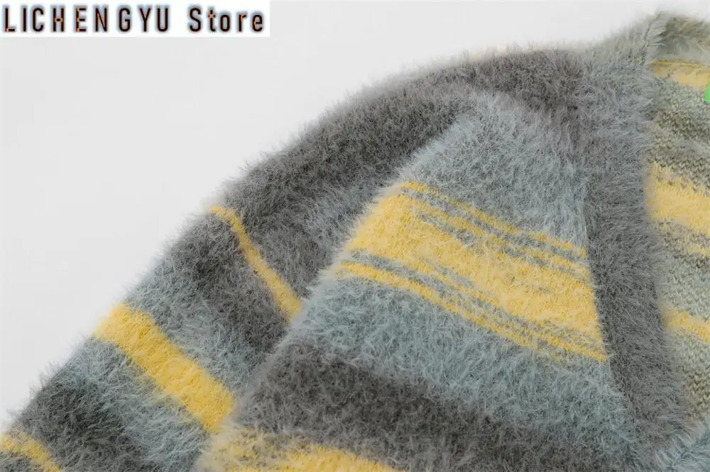 Hip Hop Striped Plush Thickened Men's Cardigan V-neck Fashionable Casual Loose Sweater Couple Streetwear Loose Knit