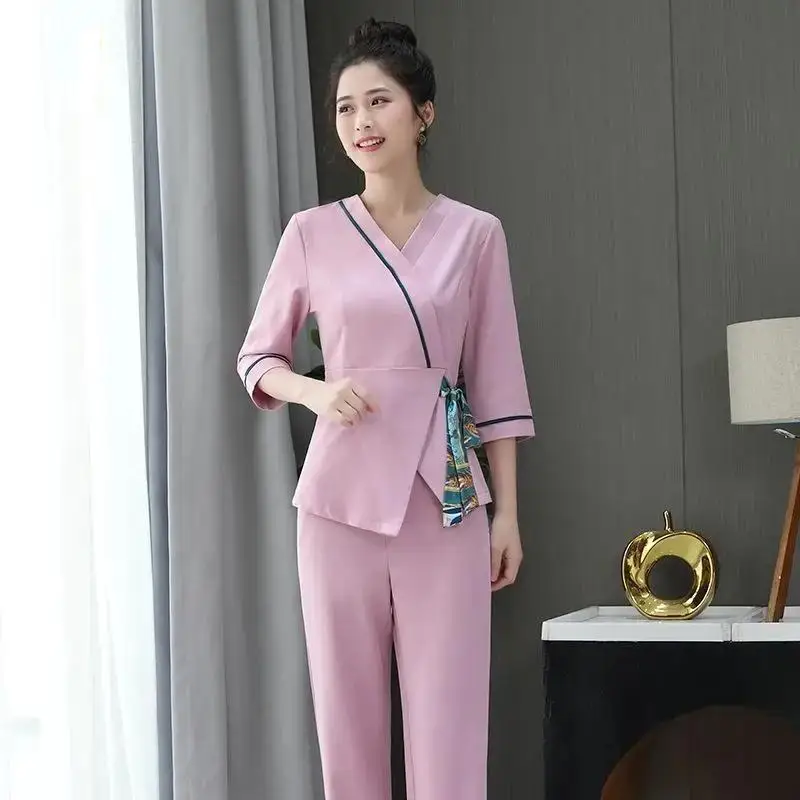 beautician-workwear-women's-high-end-hotel-foot-bath-health-center-spa-technician-suit-set-for-spring-and-summer