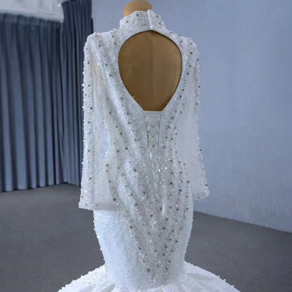 Turtle Long Sleeves Wedding Dress Lace-Up Keyhole Back Pearls Crystal Sheath Fit 2026 Elegant White Bridal Gown