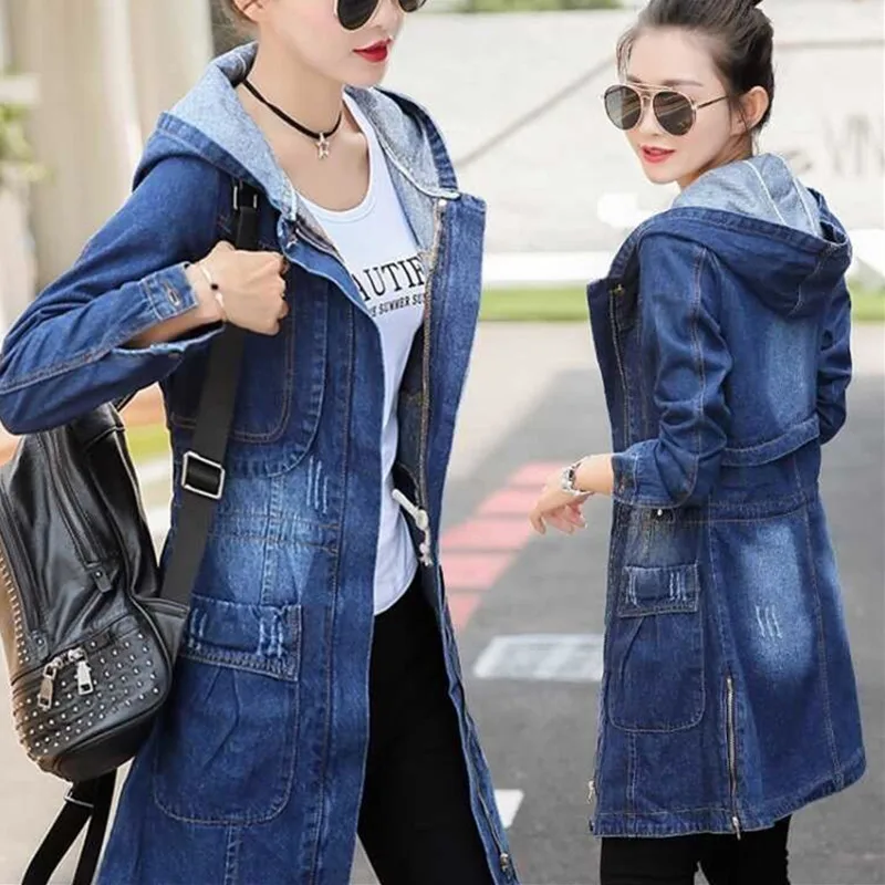 

Весенне-осенняя джинсовая куртка с капюшоном, женские корейские свободные длинные джинсовые куртки, женская ветровка на молнии, верхняя одежда, женские базовые пальто