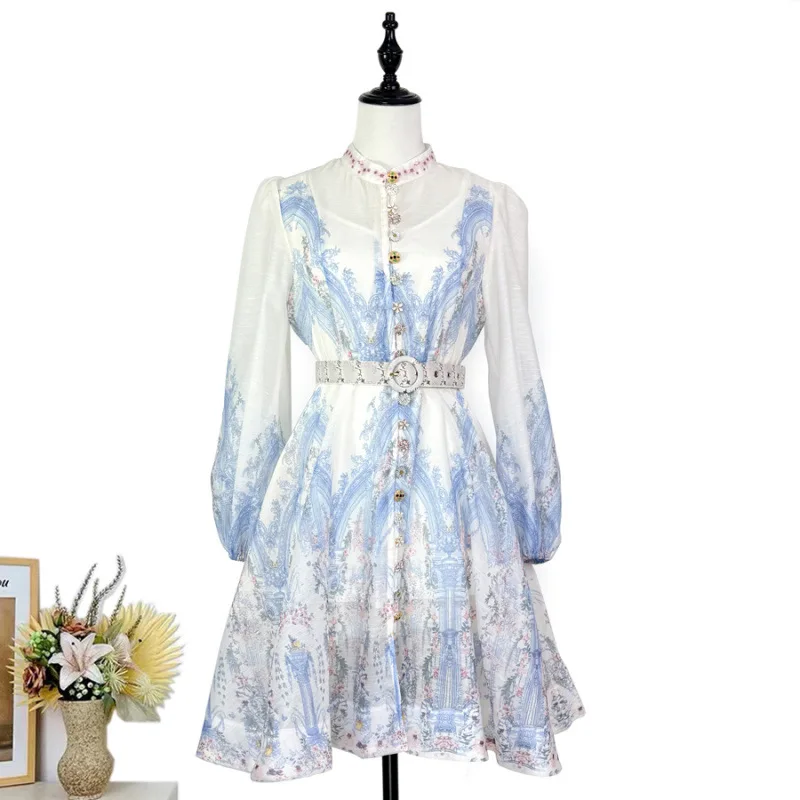 

Ele Printed Lantern Sve Dr Single Button Small Collar ort Length Women's Faion Spring Summer Outfit Casual Wear
