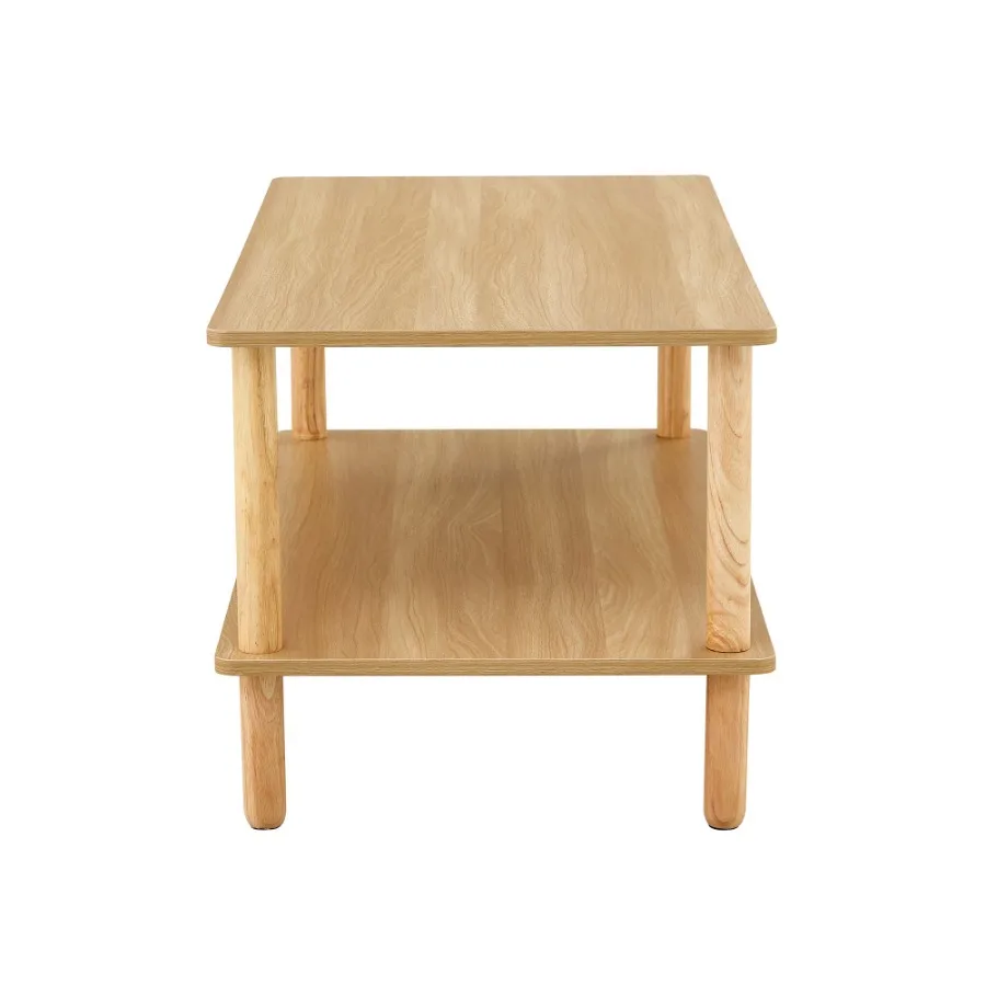 طاولة قهوة حديثة من طبقتين لأثاث غرفة المعيشة طاولة مركزية مستطيلة مع رف تخزين مفتوح وأرجل خشبية مطاطية مستديرة S #4