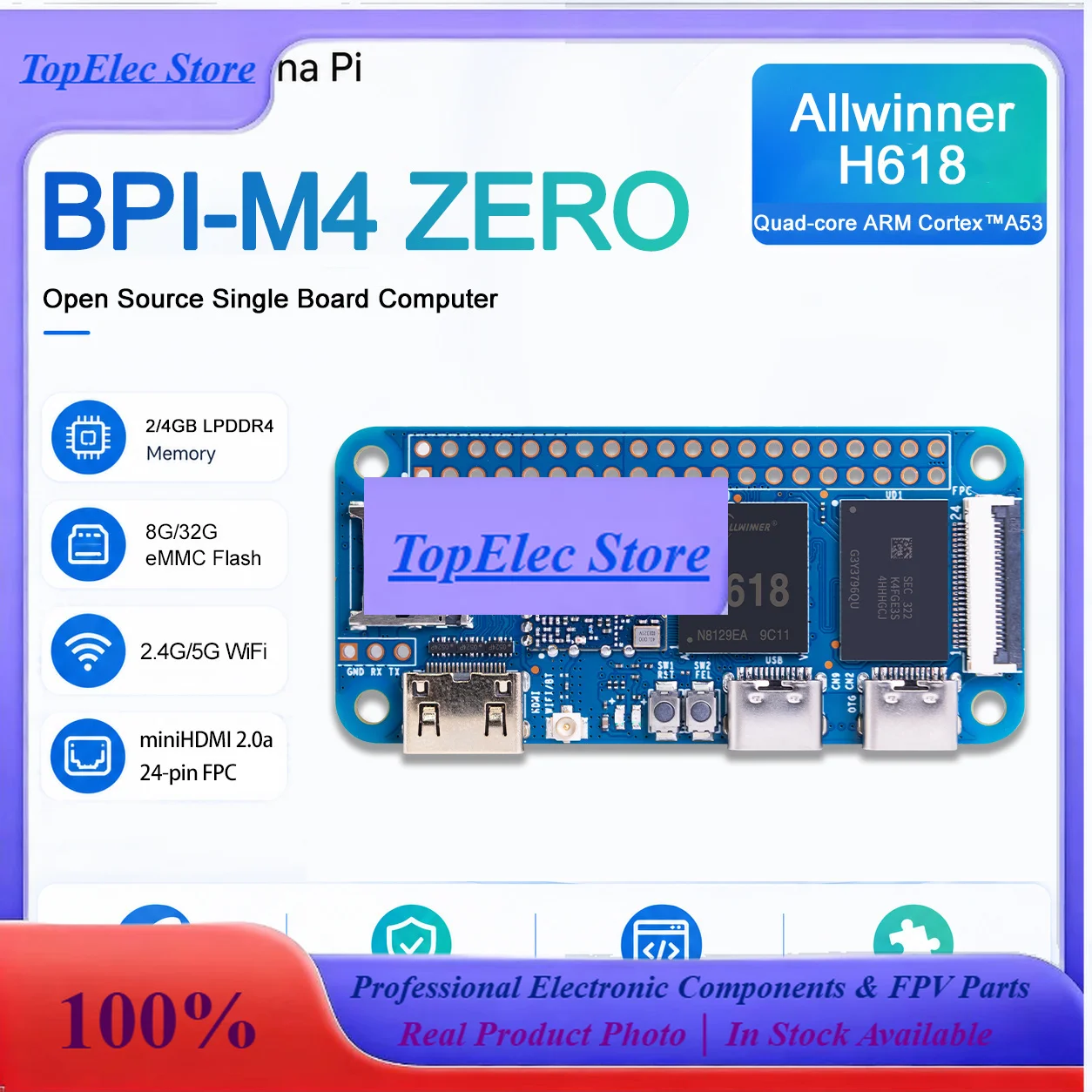 TopEsBanana Pi BPI-M4 ZERO Allwinner H618 Quad-core ARM Cortex™-A53 Processor 2.4G/5G WIFI 4G LPDDR4 32G EMMC Single Board Compu