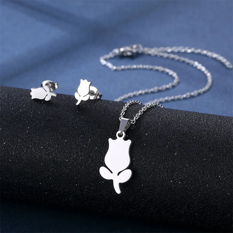 316L Stainless Steel Jewelry Sets Tulip Rose Flower Daisy Sunflower Choker Necklaces &  Earings Set For Girl Wholesale Dropship