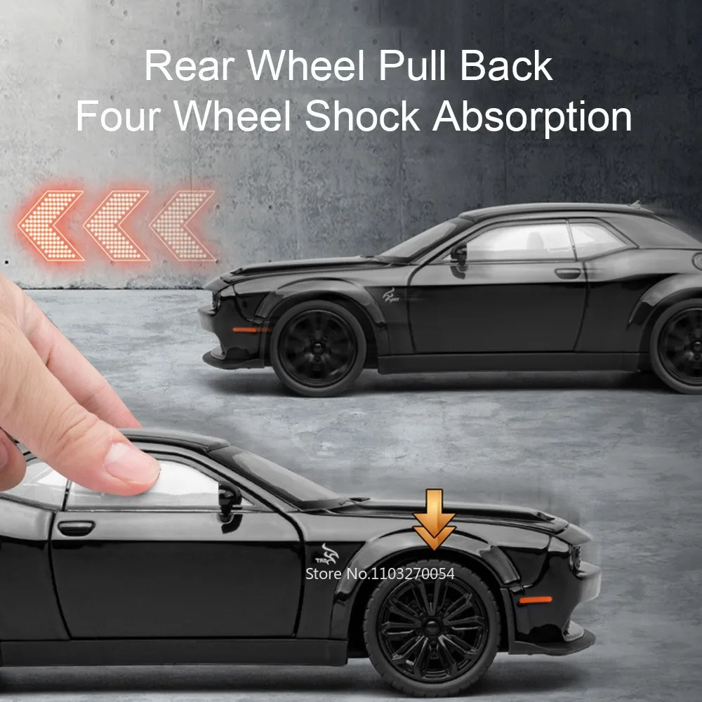 1/22 Hellcat Redeye Car Model Toys Diecast Alloy Sports Cars 4 Doors Opened Rubber Tire Sound Light Pull Back Toy Gifts for Kids