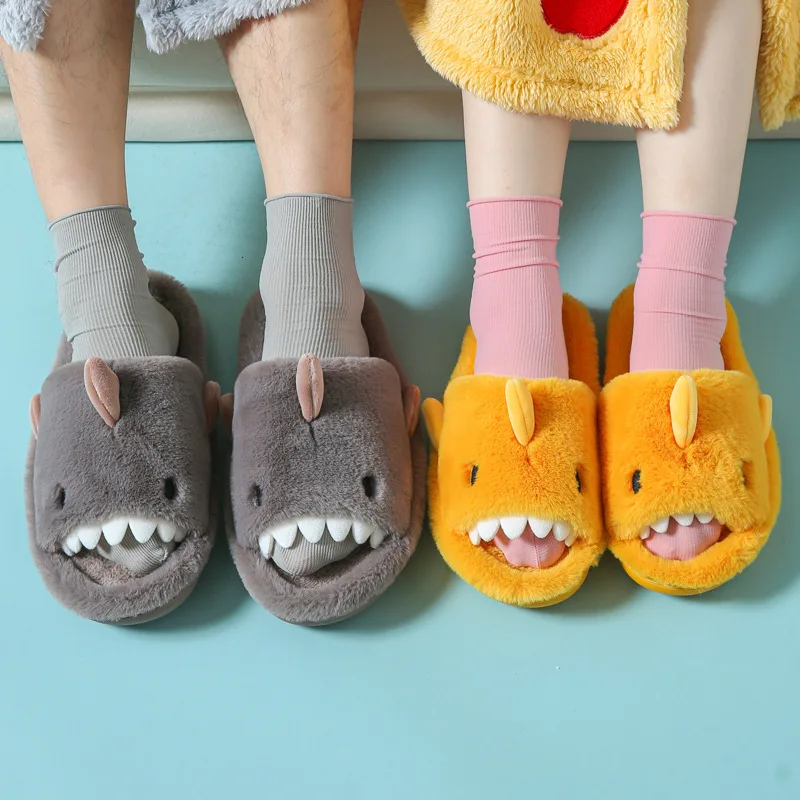 Crestar Plush Cute Shark Slippers For Women Men Winter Soft Furry Cotton Slippers Indoor Warm Open-Toe Non-Slip Home Flip Flops