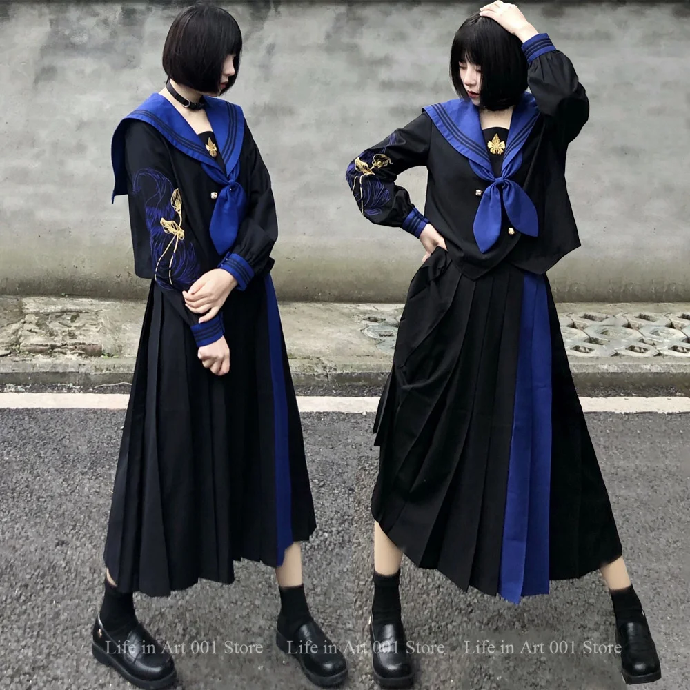 

Japanese Korean Orthodox Jk Uniform Embroidered Black Blue Long Skirt Bad Girl Sailor Suit Graduation Suit Full Set Women