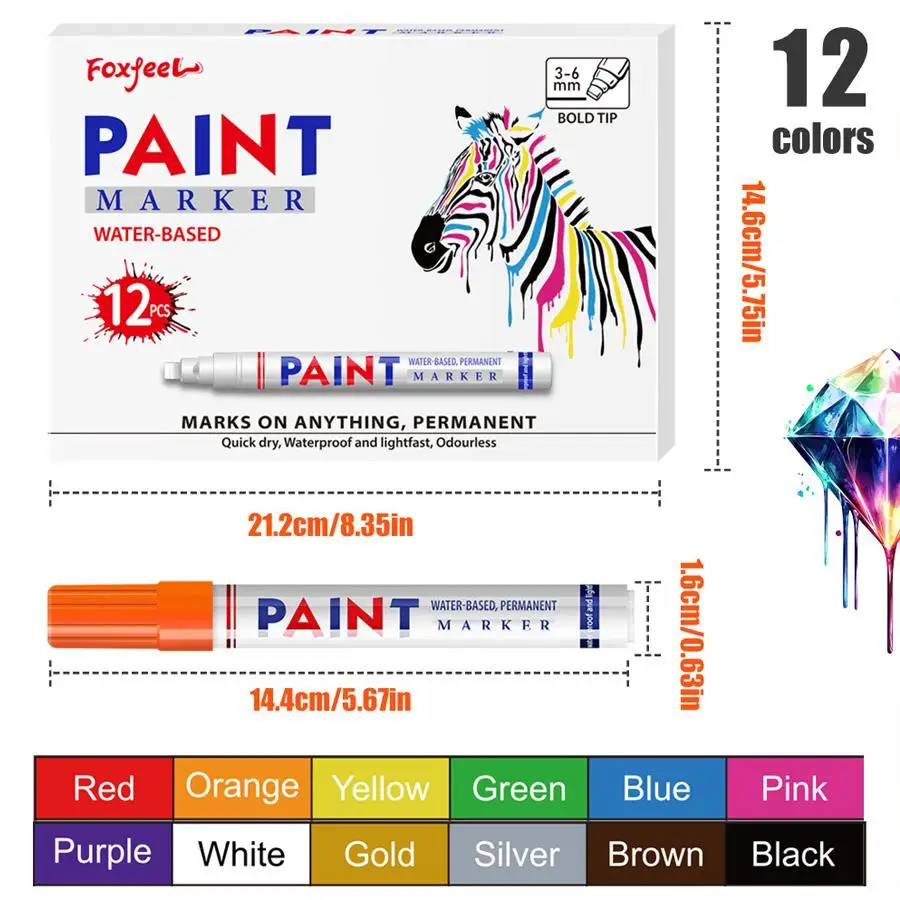 12-Color Painting Pen Waterproof Permanent Graffiti Repair Tire Marking Pen Car Rubber Tread Marking Pen Suitable for Bicycles, Car Metal Products