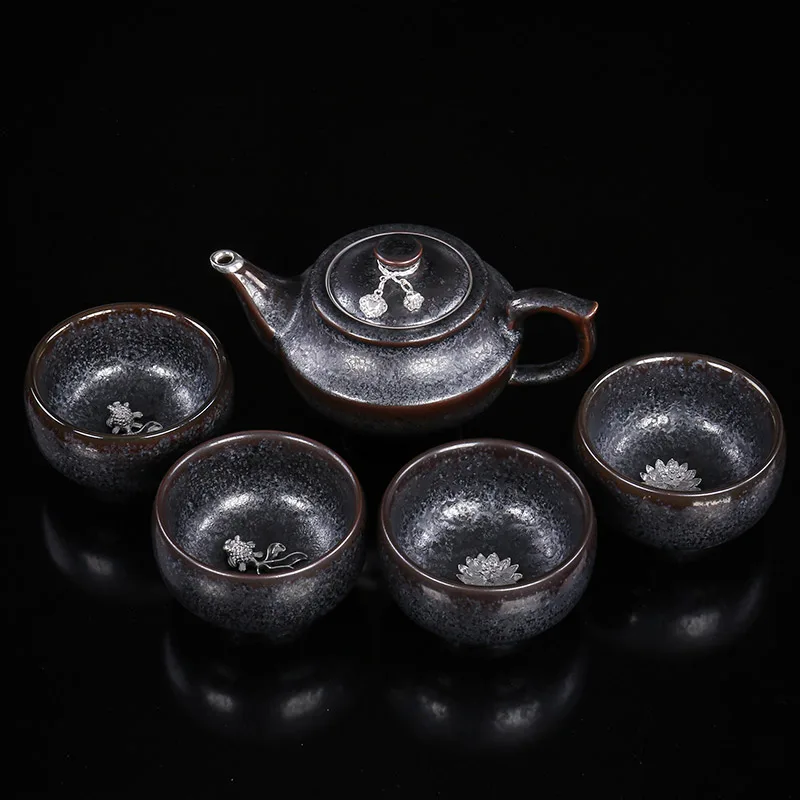 Zhan Kiln Li Jia Ta Tian Mu One Pot Four Cups Complete Kung Fu Tea Cup Set