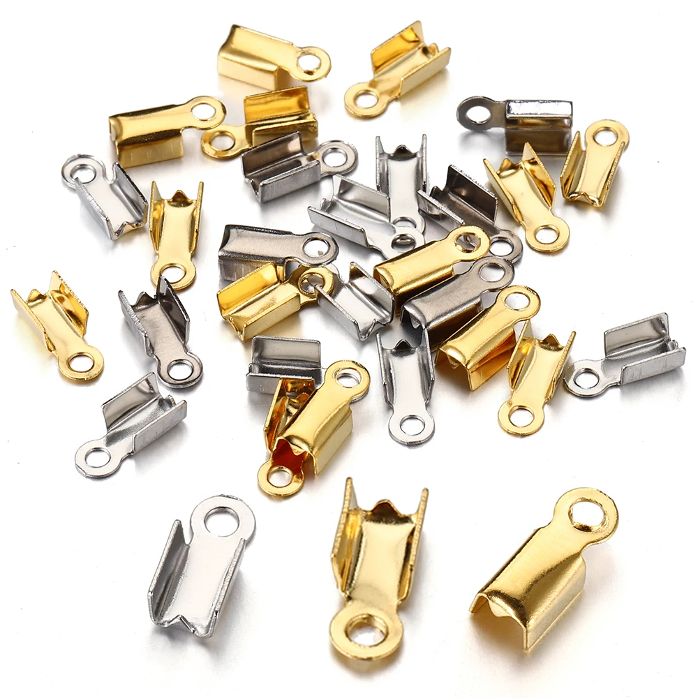 50pcs Stainless Steel Crimp End Caps Cove Clasps String Ribbon Leather Fold Clip Fastener Beads Connector for Jewelry Making DIY