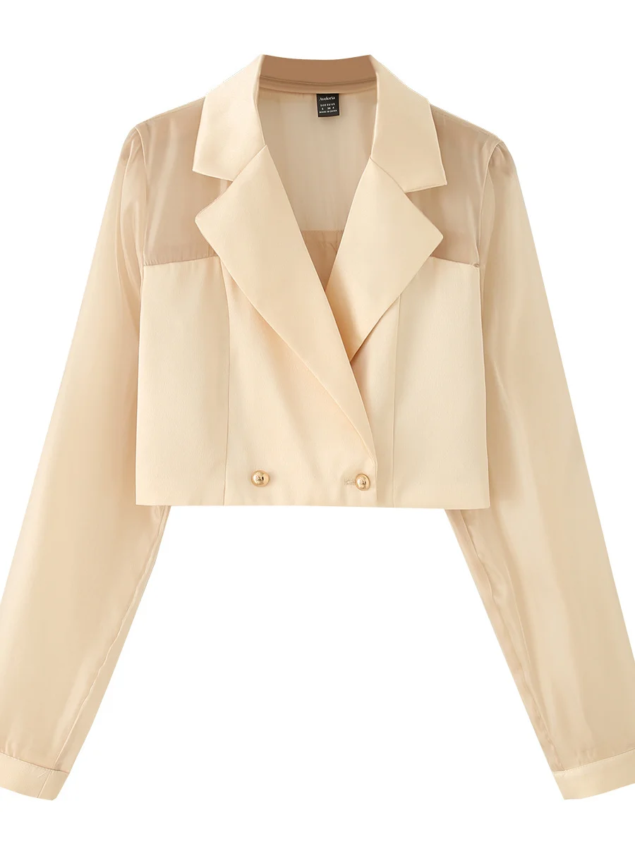 

American Sle Lightweight Satin Patchwork Double Breasted ort Coat Women's Loose Fit Versatile Outerwear Casual Wear