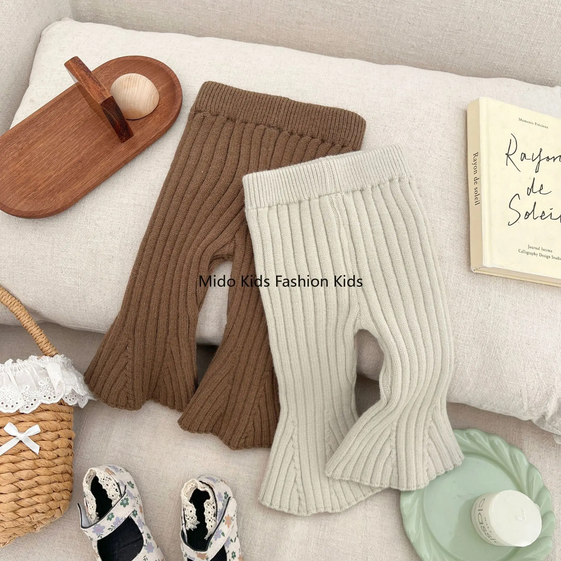 Girls spring autumn knitted woolen trousers female baby flared  soft high elastic bottoming  micro  wide-legged trousers