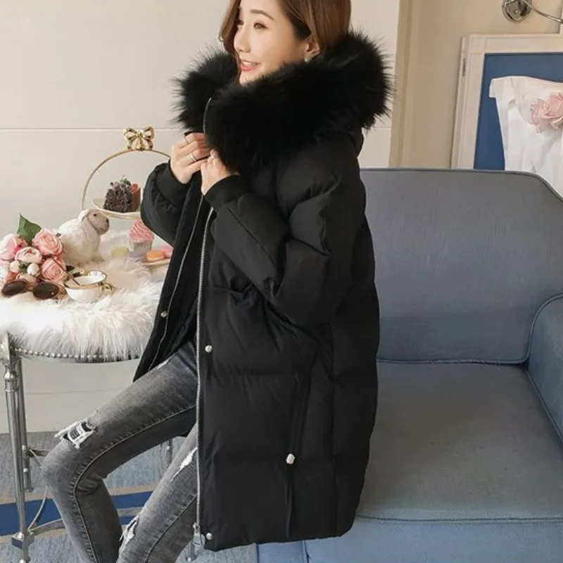 2023 neue Frauen Daunen Baumwoll mantel Winter jacke weibliche mittellange Version Parkas lose dicke Outwear Druck Kapuzen mantel