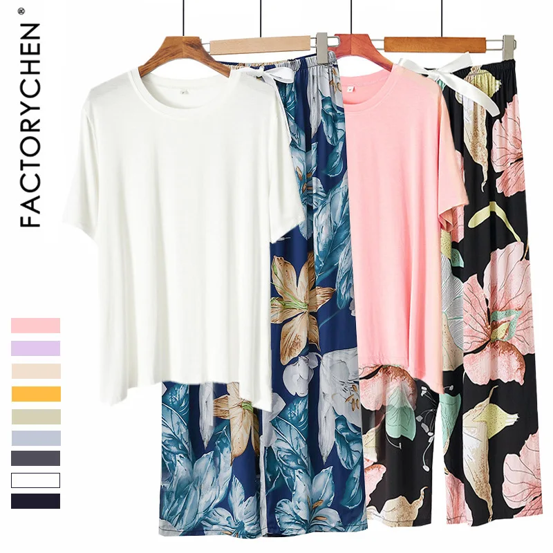 

Комплект одежды из модала, хлопка и шелка для женщин, брюки с цветочным принтом ort Sve, брюки с девятью очками, домашняя одежда, удобная дышащая летняя одежда