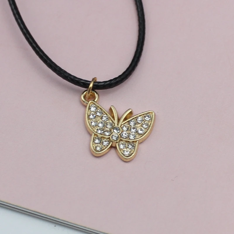 Gold Color Butterfly Full Crystal Pendant Necklace for Women 45+5cm PU Leather Wax Line Clavicle Collar Fashion Jewelry Gift