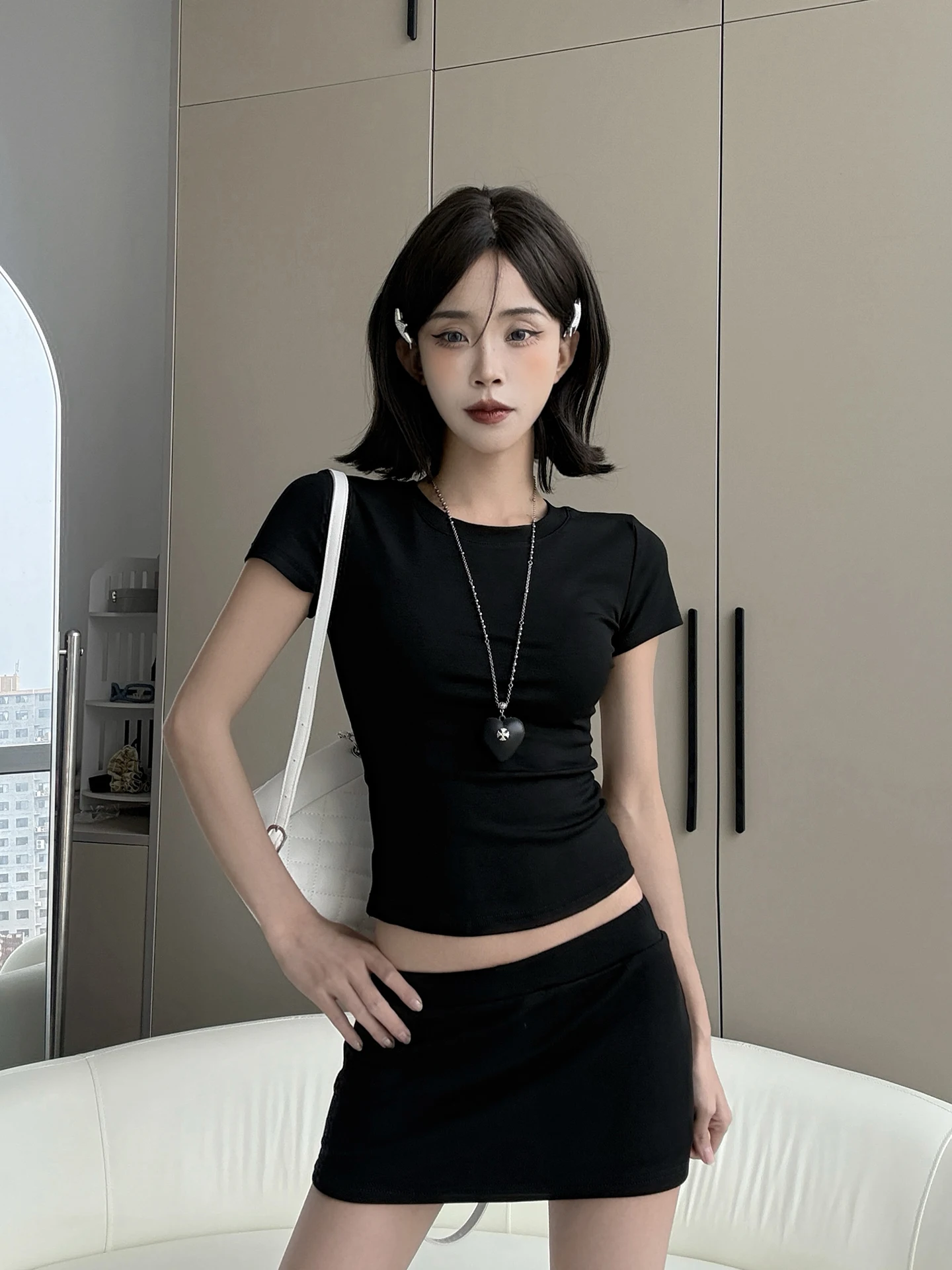 American Style Spicy Girl Low Waist Modal Short Skirt Set Women's Summer Casual round Neck Short Sleeve T-Shirt Ensemble