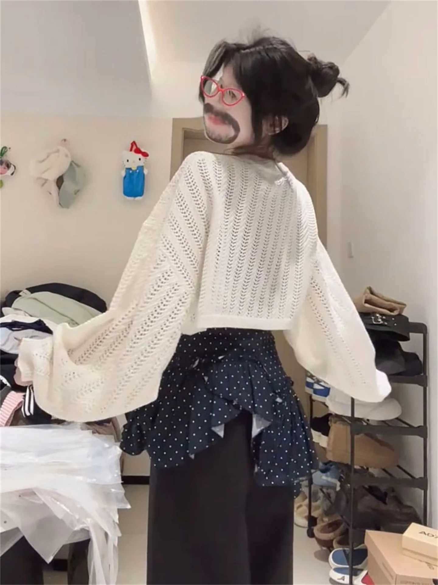 Korean Style  Small Polka Dot Irregular Strap Knitted Cardigan And Beige Two-Piece Set Anti-Aging Blue Knitwear Ensemble