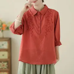 Women's Clothing Turn-down Collar Solid Color Pullover Button Plant&Flowers Embroidered Petal Half Sleeve T-shirt Elegant Tops